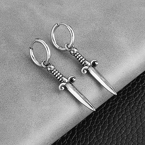 HZMAN Medieval Sword Dangle Drop Earrings for Men Women Stainless Steel Hip Hop Gothic Retro Dagger Hoop Earrings Jewelry Gift