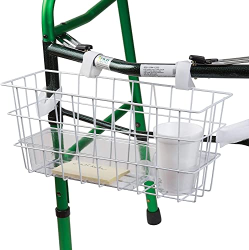 HealthSmart Walker Storage Basket with Cup Holder and Insert Tray, No Tools Needed, White, 16 x 5.5 x 7, Walker Accessories