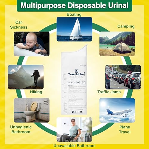 TravelJohn Disposable Urinal for All Genders, Adults, and Children (6 Pack) Designed for Emergencies, Travel, Camping, Long Car Rides, and More - 28oz/800ml Capacity (TJ1A-C)