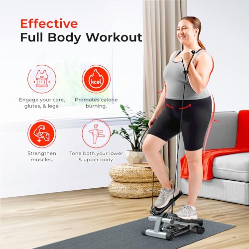 Sunny Health & Fitness Mini Steppers for Exercise at Home, Stair Step Workout Machine with Resistance Bands, Full Body Cardio Equipment with Digital Monitor - No. 012 -S