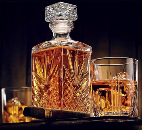 Bormioli Rocco Selecta Collection Whiskey Decanter – Sophisticated 33.75oz Diamond Decanter With Starburst Detailing – For Whiskey, Bourbon, Scotch & Liquor