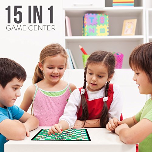 Board Game Set - Deluxe 15 in 1 Tabletop Wood-accented Game Center with Storage Drawer (Checkers, Chess, Chinese Checkers, Parcheesi, TicTacToe, SOlitaire, Snakes and Ladders, Mancala, Backgammon, Poker Dice, Playing Cards, Go Fish, Old Maid, and Dominos)