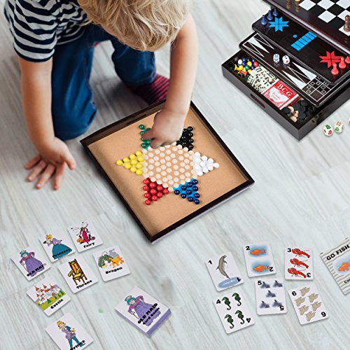 Board Game Set - Deluxe 15 in 1 Tabletop Wood-accented Game Center with Storage Drawer (Checkers, Chess, Chinese Checkers, Parcheesi, TicTacToe, SOlitaire, Snakes and Ladders, Mancala, Backgammon, Poker Dice, Playing Cards, Go Fish, Old Maid, and Dominos)