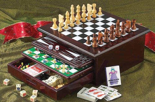 Board Game Set - Deluxe 15 in 1 Tabletop Wood-accented Game Center with Storage Drawer (Checkers, Chess, Chinese Checkers, Parcheesi, TicTacToe, SOlitaire, Snakes and Ladders, Mancala, Backgammon, Poker Dice, Playing Cards, Go Fish, Old Maid, and Dominos)