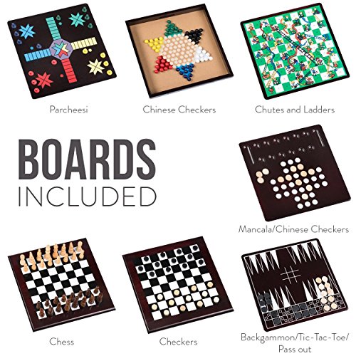 Board Game Set - Deluxe 15 in 1 Tabletop Wood-accented Game Center with Storage Drawer (Checkers, Chess, Chinese Checkers, Parcheesi, TicTacToe, SOlitaire, Snakes and Ladders, Mancala, Backgammon, Poker Dice, Playing Cards, Go Fish, Old Maid, and Dominos)