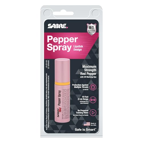 SABRE Lipstick Pepper Spray, Protect Against Multiple Threats with 12 Bursts, UV Marking Dye, The Most Discreet Pepper Spray Design, Pink