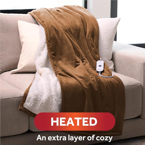 Sunbeam Royal Mink Sherpa Honey Heated Personal Throw / Blanket, Cozy-Warm, Adjustable Heat Settings