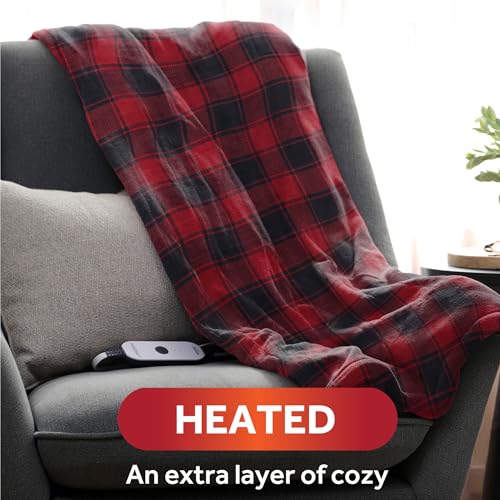 Sunbeam Royal Luxe Red Black Buffalo Plaid Heated Personal Throw / Blanket, Cozy-Warm, Adjustable Heat Settings