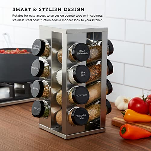 Kamenstein 16 Jar Heritage Revolving Countertop Spice Rack Organizer with Spices Included, FREE Spice Refills for 5 years, Brushed Stainless Steel with Black Caps