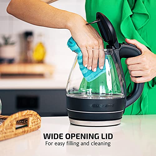 OVENTE Glass Electric Kettle Hot Water Boiler 1.5 Liter Borosilicate Glass Fast Boiling Countertop Heater - BPA Free Auto Shut Off Instant Water Heater Kettle for Coffee & Tea Maker - Black KG83B