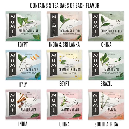 Numi Organic Tea World of Tea Gift Set, 45 Tea Bags, Fair Trade Black, Green, Maté, Rooibos & Herbal Tea Sampler