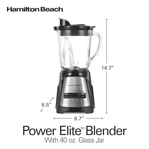 Hamilton Beach Power Elite Wave Action Blender For Shakes and Smoothies, 40 Oz Glass Jar, 12 Functions Including Puree, Crush Ice, Stainless Steel Ice Sabre Blades, 700 Watts, Black (58148A)