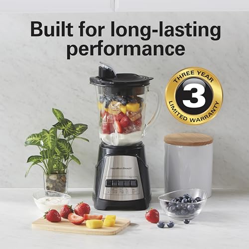 Hamilton Beach Power Elite Wave Action Blender For Shakes and Smoothies, 40 Oz Glass Jar, 12 Functions Including Puree, Crush Ice, Stainless Steel Ice Sabre Blades, 700 Watts, Black (58148A)