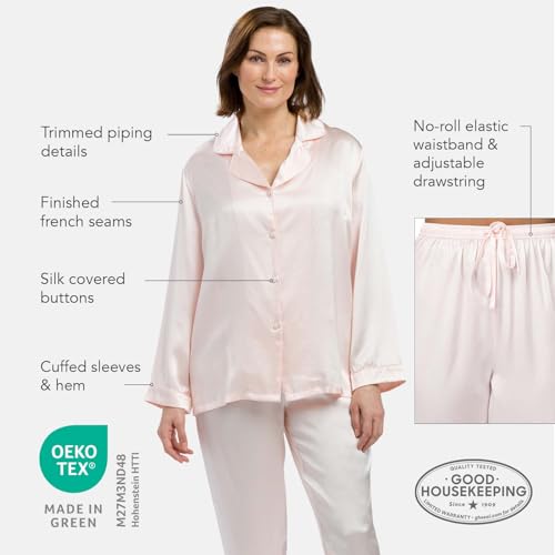 Fishers Finery Women's 100% Pure Mulberry Silk Long Pajama Set with Gift Box - Button Down Pj Top (White, L)