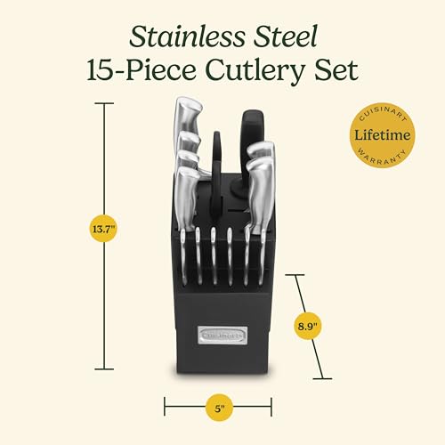 CUISINART Block Knife Set, 15pc Ultra Ultra- Sharp Cutlery Knife Set with Steel Blades for Precise Cutting , Lightweight, Stainless Steel, Durable & Dishwasher Safe, C77SS-15PK