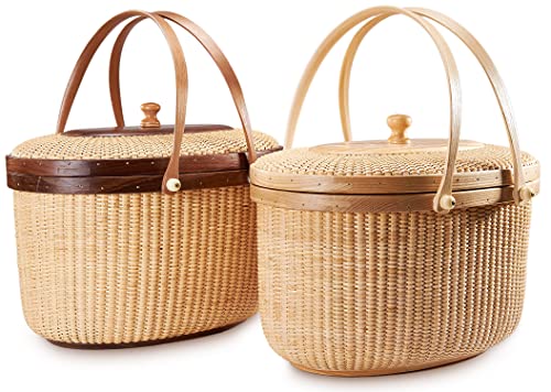 Nantucket style basket Picnic Basket rattan Handmade Products woven Sewing storage basket Two swing handles Tote Bag For Women