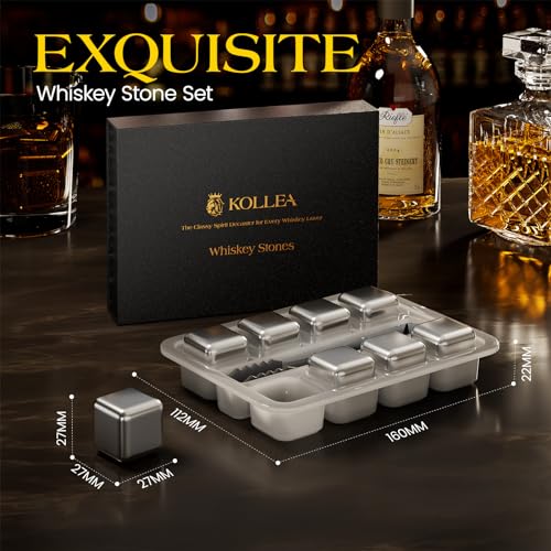 Kollea Whiskey Stones, 8 Packs Stainless Steel Whiskey Chilling Rocks, Reusable Ice Cube for Drinking, Fathers Day Birthday Gift for Men Whiskey Lovers, Bourbon, Cognac, Scotch, Gin, Beverage