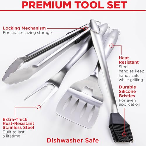 Alpha Grillers Grill Set Heavy Duty BBQ Accessories - BBQ Gifts Tool Set 4pc Grill Accessories with Spatula, Fork, Brush & BBQ Tongs - Grilling Cooking Gifts for Men Dad Durable, Stainless Steel