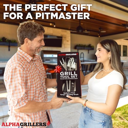 Alpha Grillers Grill Set Heavy Duty BBQ Accessories - BBQ Gifts Tool Set 4pc Grill Accessories with Spatula, Fork, Brush & BBQ Tongs - Grilling Cooking Gifts for Men Dad Durable, Stainless Steel