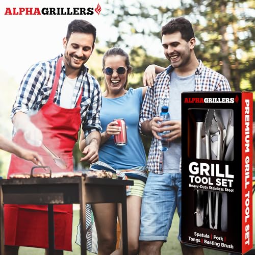 Alpha Grillers Grill Set Heavy Duty BBQ Accessories - BBQ Gifts Tool Set 4pc Grill Accessories with Spatula, Fork, Brush & BBQ Tongs - Grilling Cooking Gifts for Men Dad Durable, Stainless Steel