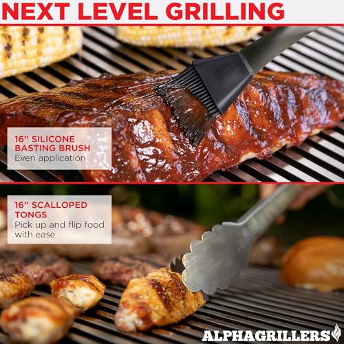 Alpha Grillers Grill Set Heavy Duty BBQ Accessories - BBQ Gifts Tool Set 4pc Grill Accessories with Spatula, Fork, Brush & BBQ Tongs - Grilling Cooking Gifts for Men Dad Durable, Stainless Steel