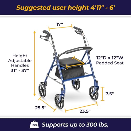 Drive Medical 10257BL-1 4 Wheel Rollator Walker With Seat, Steel Rolling Walker, Height Adjustable, 7.5" Wheels, Removable Back Support, 300 Pound Weight Capacity, Blue