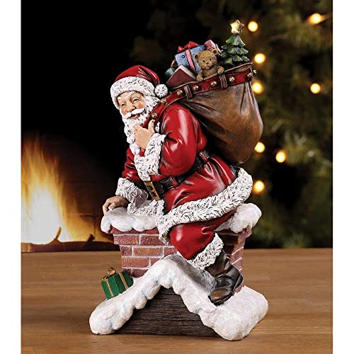 Napco Santa Claus Climbing Down the Chimney with Presents Resin Stoneware 11 Inch Decorative Holiday Figurine for the Mantle, Bookshelf, or Tabletop