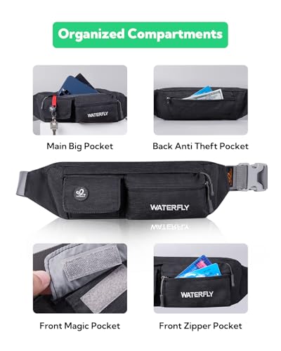 WATERFLY Fanny Pack for Women Men Water Resistant Small Waist Pouch Slim Belt Bag with 4 Pockets Lightweight Crossbody Chest Bag Fit All Phones, 11.02 x 2.1 x 4.3 inch