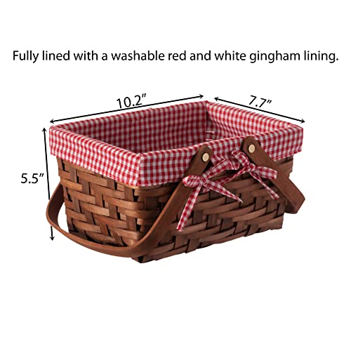 Wickerwise Small Rectangular Woodchip Picnic Baskets with Double Folding Handles, Natural Hand-Woven Basket Lined with Gingham Red and White Lining Great for Gifts