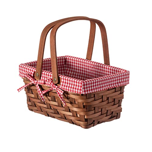 Wickerwise Small Rectangular Woodchip Picnic Baskets with Double Folding Handles, Natural Hand-Woven Basket Lined with Gingham Red and White Lining Great for Gifts