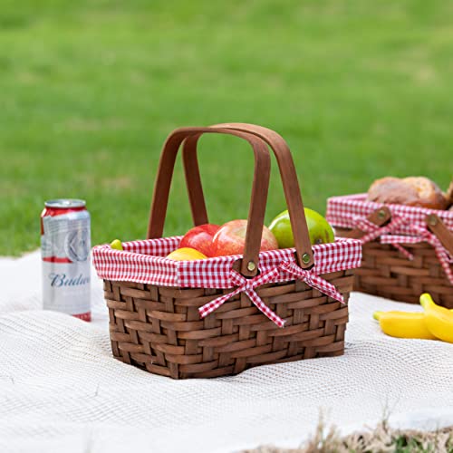 Wickerwise Small Rectangular Woodchip Picnic Baskets with Double Folding Handles, Natural Hand-Woven Basket Lined with Gingham Red and White Lining Great for Gifts