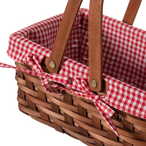 Wickerwise Small Rectangular Woodchip Picnic Baskets with Double Folding Handles, Natural Hand-Woven Basket Lined with Gingham Red and White Lining Great for Gifts