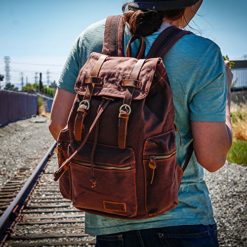 GEARONIC Vintage Canvas Backpack, Casual Daypack Backpacks for Men Women, 15inch Laptop Bag Travel Hiking Camping Rucksack - Coffee