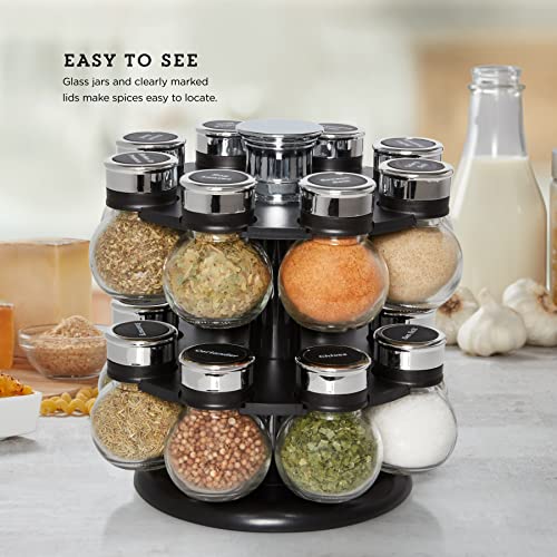 Kamenstein 16 Jar Ellington Revolving Countertop Spice Rack with Lift & Pour Caps and Spices Included, FREE Spice Refills for 5 Years: Black and Chrome