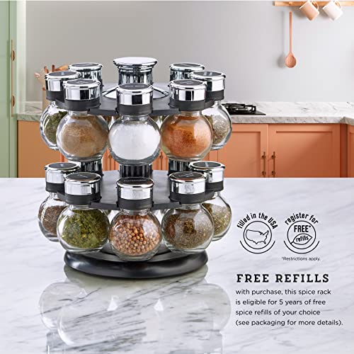 Kamenstein 16 Jar Ellington Revolving Countertop Spice Rack with Lift & Pour Caps and Spices Included, FREE Spice Refills for 5 Years: Black and Chrome