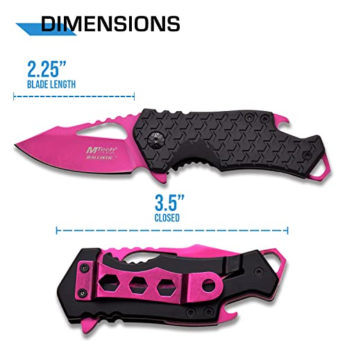 MTech USA – Spring Assisted Folding Knife – Pink Fine Edge Stainless Steel Blade with Black Nylon Fiber Handle, Bottle Opener, Pocket Clip, Tactical, EDC, Self Defense- MT-A882PK