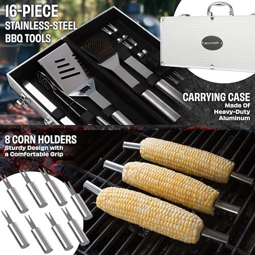 16-Piece BBQ Grill Accessories Set - Barbecue Tool Kit with Aluminum Case for Home Grilling - Great Gift for Birthday or Father’s Day by Home-Complete