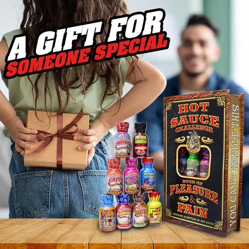 Hot Sauce Challenge Book Of Pleasure & Pain - 12 – 0.75 Ounce Bottles Gift Set - Perfect Premium Gourmet Hot Sauce Gift Set - Try If You Dare!