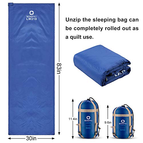 ECOOPRO Warm Weather Sleeping Bag - Portable, Waterproof, Compact Lightweight, Comfort with Compression Sack - Great for Outdoor Camping, Backpacking & Hiking-83 L x 30" W Fits Adults