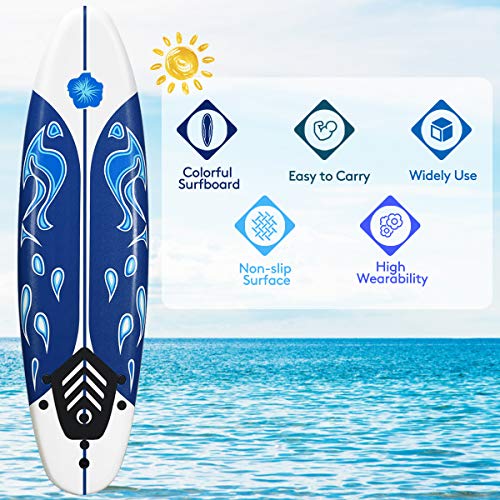 Giantex 6' Surfboard Surfing Surf Beach Ocean Body Foamier Board with Removable Fins, Great Beginner Board for Kids, Youth and Children