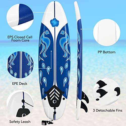 Giantex 6' Surfboard Surfing Surf Beach Ocean Body Foamier Board with Removable Fins, Great Beginner Board for Kids, Youth and Children