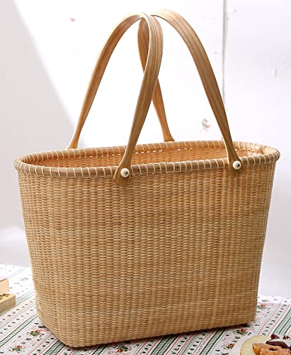 Nantucket with Handle Tall Tote Office Tote Handmade Cane-on-cane Weave Tote Handbags Picnic Baskets Large Tote Bag for Women Top Handle Handbag With Home Outdoor Storage