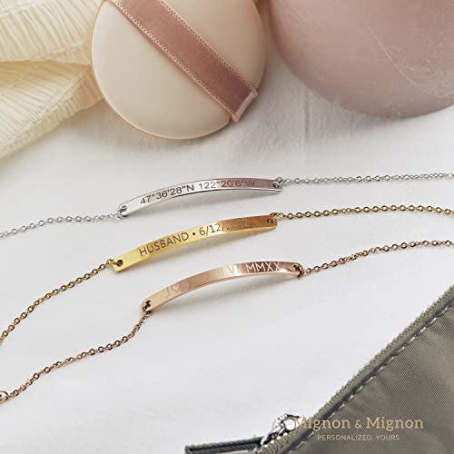 MignonandMignon Gold Name Bar Engraved Bracelet Personalized Mother's Day Gift for Women Handmade Friendship Anniversary Bridesmaid Wedding Jewelry Birthday Graduation -12BR