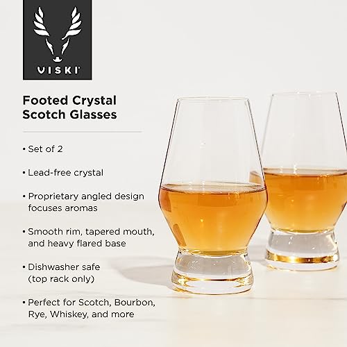 Viski Footed Crystal Scotch Glasses Set of 2 - Premium Liquor Drinking Glass, Classic Whiskey Bourbon Glasses and Scotch Glass Gift Set, 8 oz