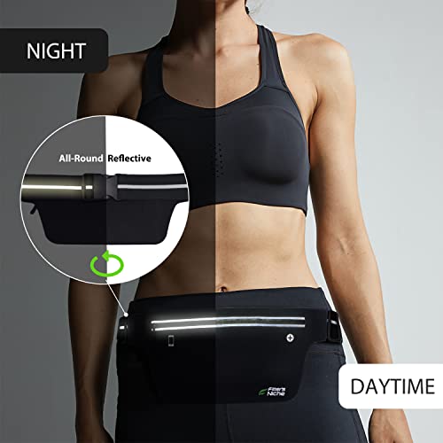 Fitter's Niche UltraSlim Fanny Waist Pack Men Women Running, Lightweight Water Resistant Sports Hiking Hip Bag, Reflective Elastic Belt, Fit 24 to 43 inch Waists, Holds 6.7 inch Phones, Infinite Black