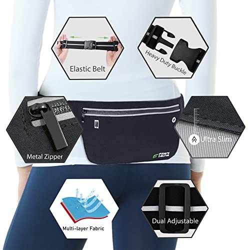 Fitter's Niche UltraSlim Fanny Waist Pack Men Women Running, Lightweight Water Resistant Sports Hiking Hip Bag, Reflective Elastic Belt, Fit 24 to 43 inch Waists, Holds 6.7 inch Phones, Infinite Black