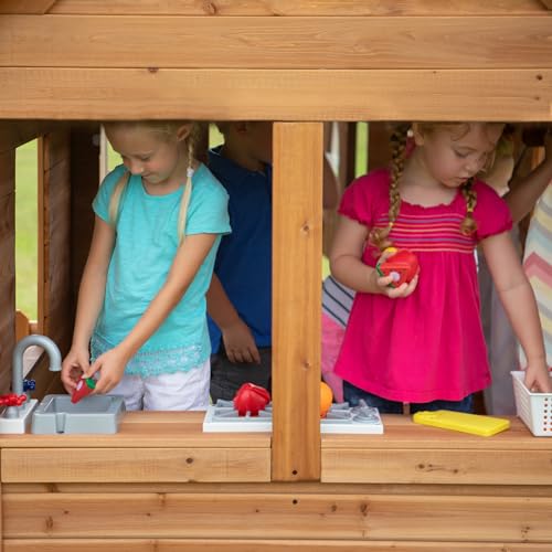 Backyard Discovery Aspen All Cedar Wooden Playhouse, Country Style, Dutch Front Door, Flower Pot Holders, Stove, Sink, Plastic Food, Doorbell, Mailbox, Outdoor Light Attached Picnic Bench