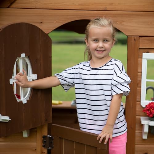 Backyard Discovery Aspen All Cedar Wooden Playhouse, Country Style, Dutch Front Door, Flower Pot Holders, Stove, Sink, Plastic Food, Doorbell, Mailbox, Outdoor Light Attached Picnic Bench