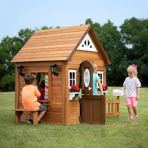 Backyard Discovery Aspen All Cedar Wooden Playhouse, Country Style, Dutch Front Door, Flower Pot Holders, Stove, Sink, Plastic Food, Doorbell, Mailbox, Outdoor Light Attached Picnic Bench