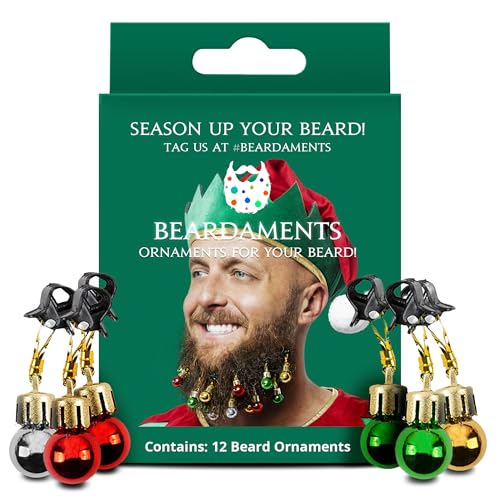 Beardaments Beard Ornaments - The Original 12pc Colorful Christmas Facial Hair Baubles for Men in the Holiday Spirit, Easy Attach Mini Mustache, Sideburns, Festive Red, Green, Gold, Silver Mix